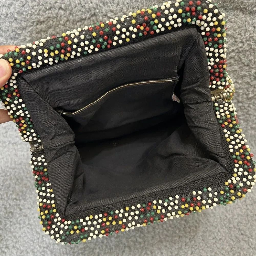 Vintage Purse Black Multicolored Beaded Cloth Clutch Handbag Hong Kong Fun Color